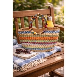Cappelli Straworld Woven Straw Tote Bag Beaded Handle Boho Beach Purse